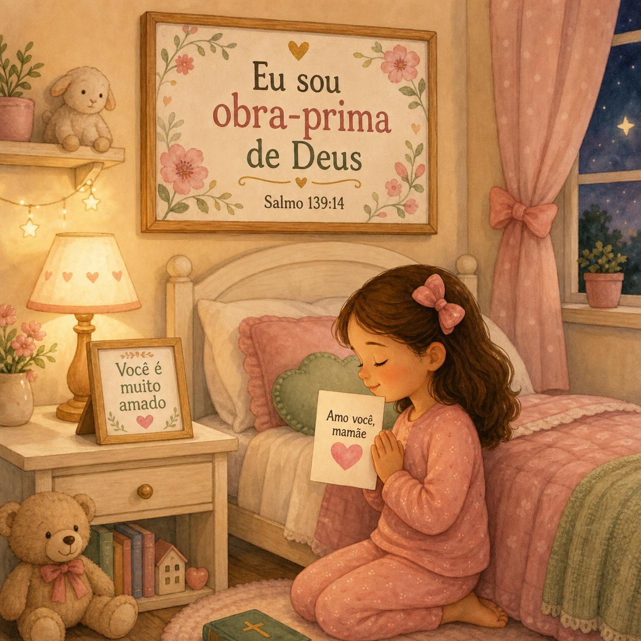 Mãe e filha lendo uma cartinha juntas no quarto antes de dormir