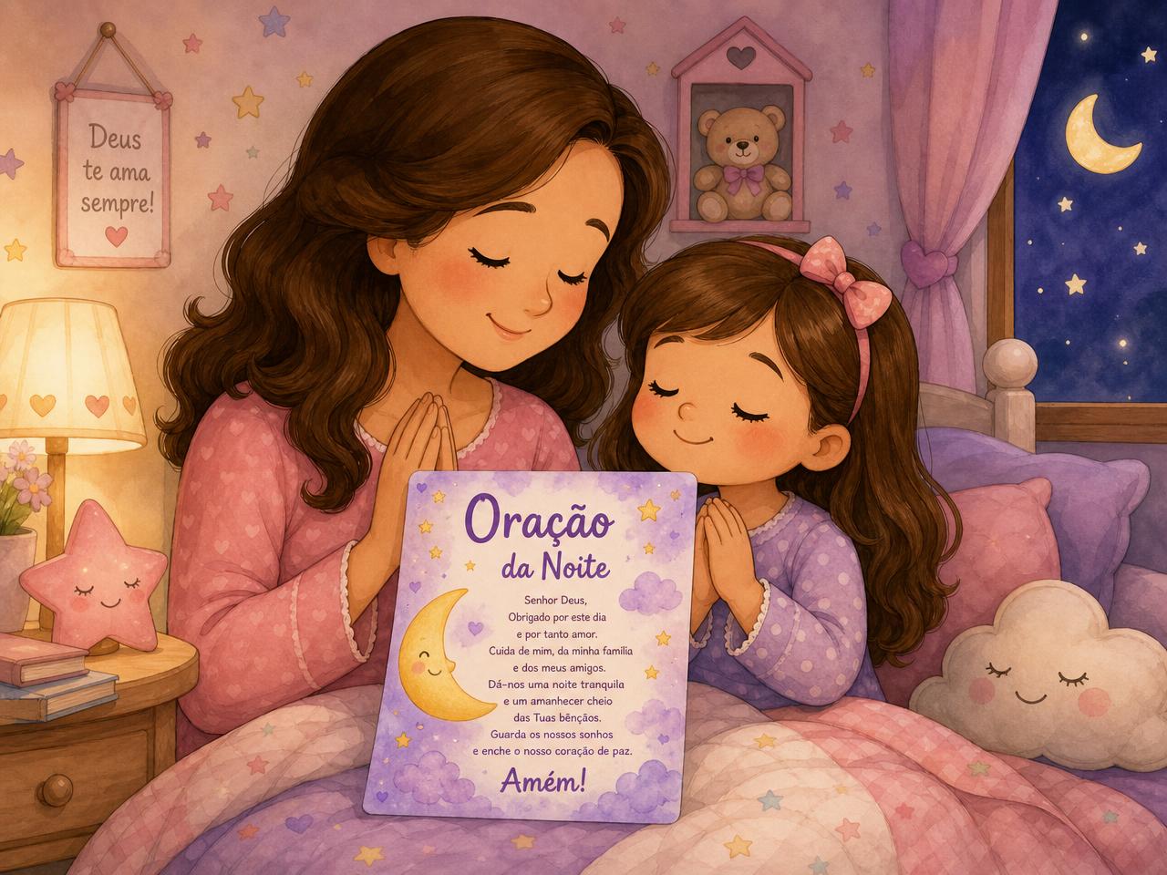 Madre e hija leyendo juntas una tarjeta en la habitación antes de dormir