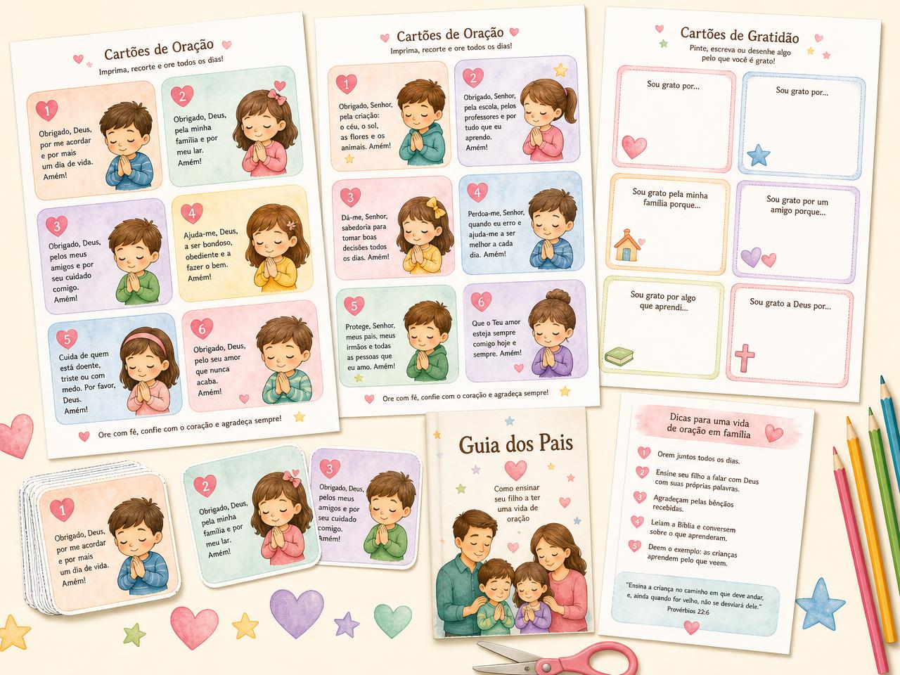 Kit completo con tarjetas de oración, tarjetas de gratitud y guías impresas